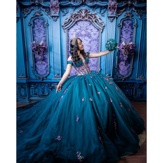 Teal Color Ball Gowns Quinceanera Dresses for Girls Off Shoulder Appliques Vestidos De 15 Anos